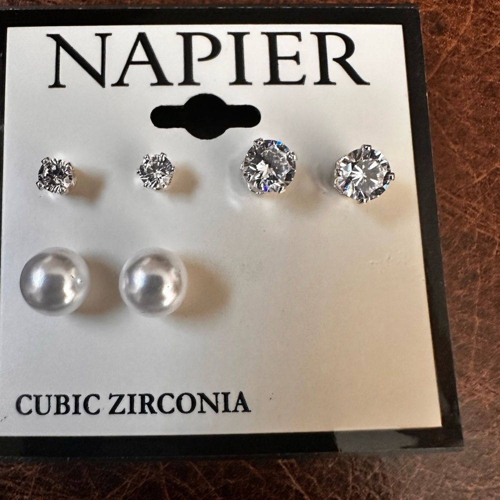 Napier Silver and White Cubic Zirconia pierced Earrings Set of three
